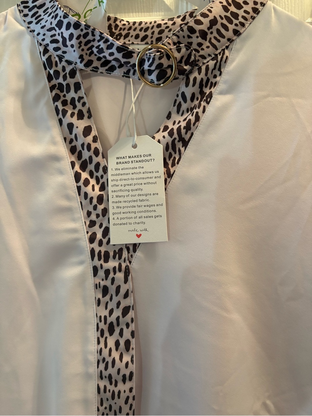Animal Print Trim V-Neck Blouse with Ring Detail